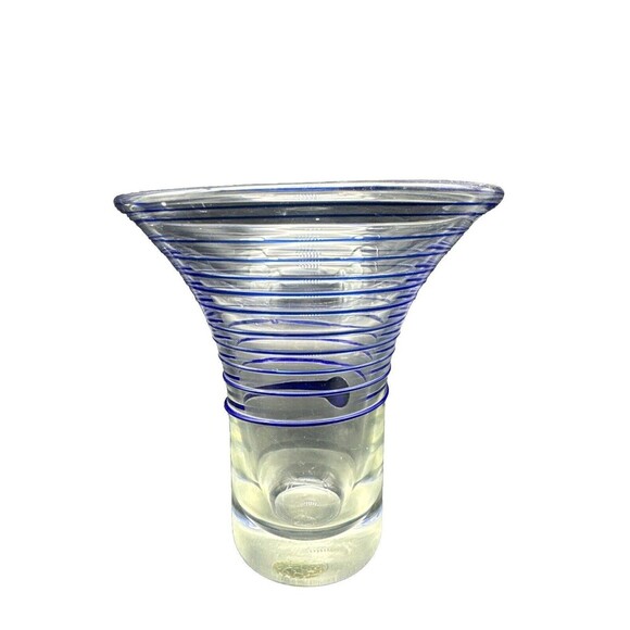 VTG Clear Glass Vase W/ Applied Cobalt BLUE Swirl Spiral  6”T 5.5” D - Picture 3 of 6